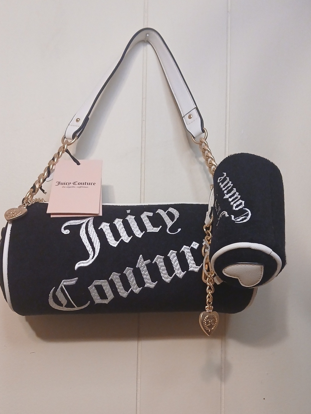 Juicy Couture Black and White Logo Barrel Mini Bag with Gold Accents